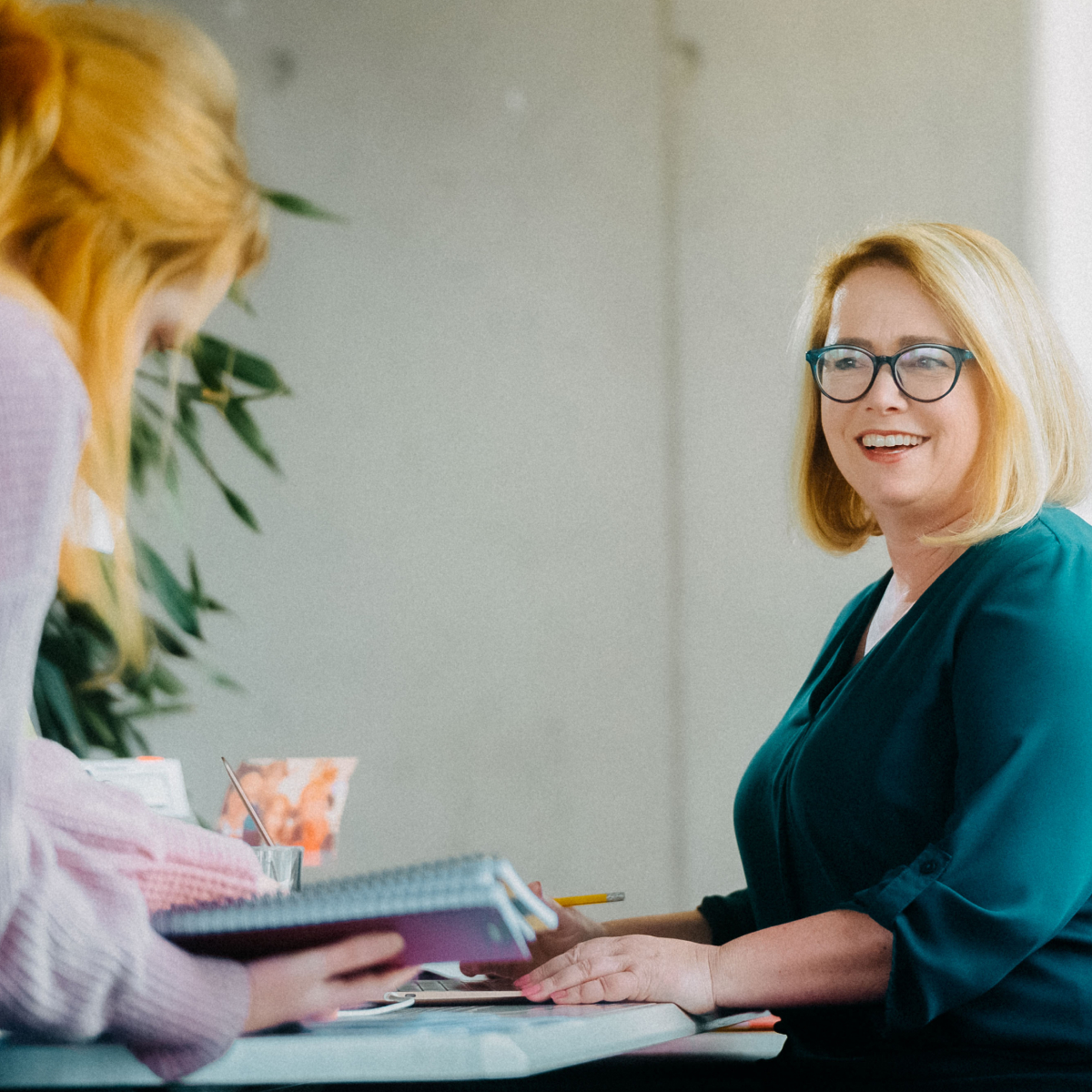 Professional consulting session in the office. Consulting session between two women – experienced consultant with glasses smiling during a meeting at the desk.